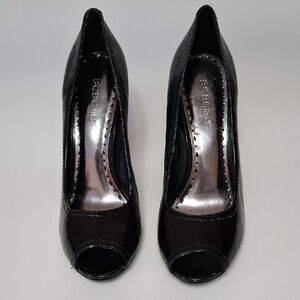 BCBGirls Glossy Black Peep Toe Heels